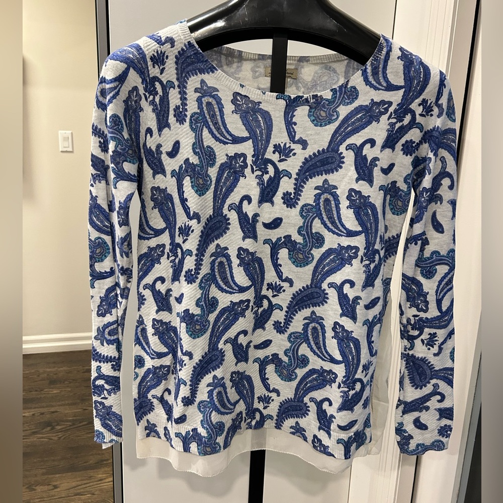 Lucky Brand Blue and White Paisley Long Sleeve Top with Side Slits